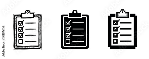 Set of three clipboard icons with checklists in hand-drawn, flat, and pixel art styles