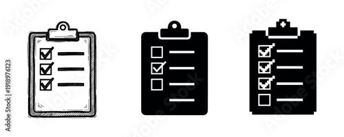 Set of three checklist icons with clipboard variations