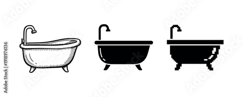Set of three bathtub designs: sketch, solid, pixel art styles