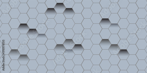 Futuristic, high-tech, bright background, with a hexagonal cellular structure. Wall texture with a 3D hexagonal tile pattern. 3D rendering.