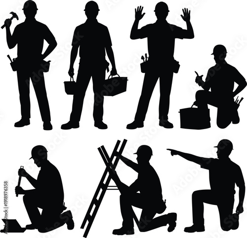 Construction worker silhouettes set with tools and ladder, builders standing and kneeling isolated in black and white on gray background illustration