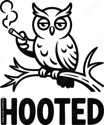 Quirky cartoon owl with sleepy eyes smoking a cigarette perched on a branch above HOOTED text