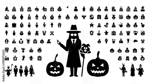 Comprehensive Halloween Silhouette Icon Set and Pictogram Featuring Spooky Characters, Jack-o-Lantern Pumpkins, Witches, Vampires, Bats, and Eerie Holiday Symbols for Graphic Design