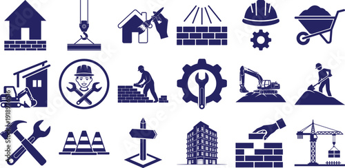Construction and Industrial Engineering Icon Set: Minimalist Silhouette Collection of Building, Crane, Worker, Excavator, and Maintenance Tool Vectors.