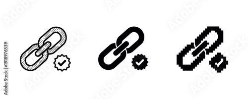 Sketch, solid, and pixel chain link icons with checkmarks