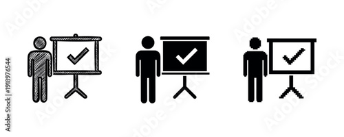 Three icon variations of person presenting on board with checkmark symbols