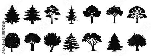 set features black silhouette outlines of various trees