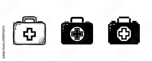 Set of three first aid kit icons in different styles