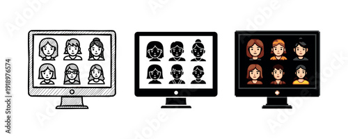 Set of computer screens with diverse cartoon avatars of people on video call