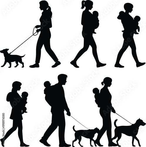 Family walking with dog silhouettes in black and white, parents carrying babies and strolling pets isolated on light gray background