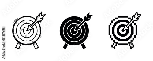 Three archery targets with centered arrows in sketch, silhouette, and pixel art styles