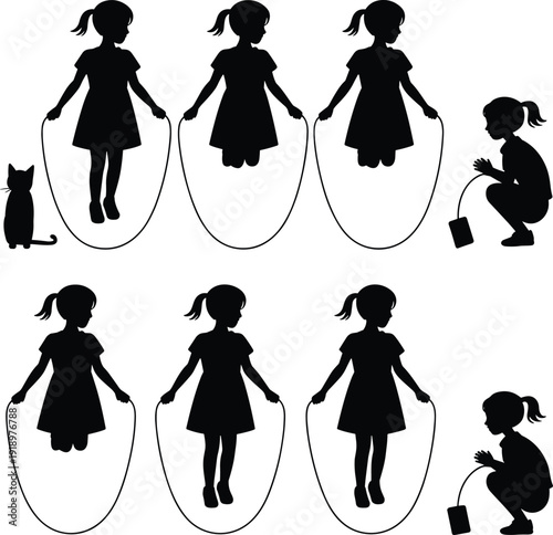 Little girl jumping rope silhouettes set in black and white, child skipping exercise with cat isolated on gray background illustration