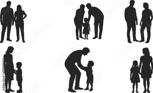 Family interaction silhouettes set, parents and children standing together isolated vector illustration on white background