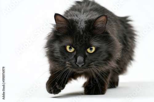 Black longhaired cat stalking with intense yellow eyes