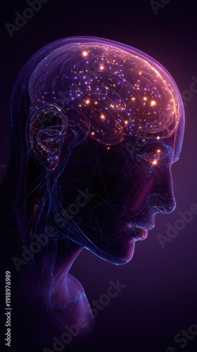 Human head with glowing brain activity neural network