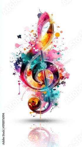 Colorful treble clef creating abstract music splash art