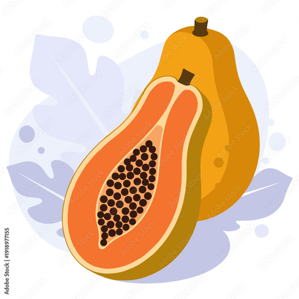 Fototapeta premium Illustrated papaya composition with halved and whole fruit