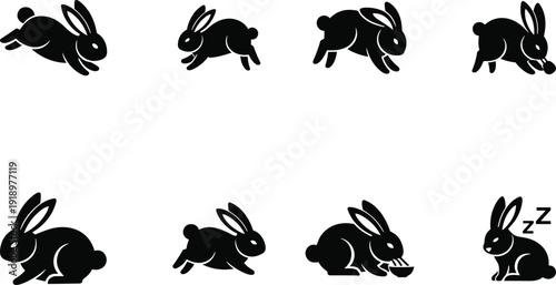 Silhouette of rabbits in various poses including sleeping silhouette