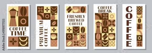 Coffee Themed Geometric Banners Collection. Abstract geometric background. Coffee icons, design with simple shapes for coffee shops, product packaging, cafe