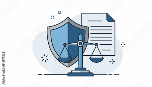 A lawday scene featuring scales of justice and a shield document on a clean layout
