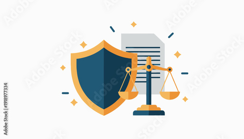 Lawday scene depicting justice with shield, scales, and documents in a symbolic representation of fairness.