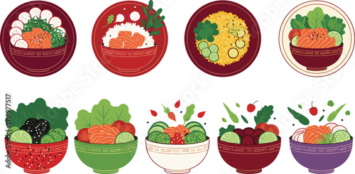 Healthy food bowl collection with salmon, vegetables and rice isolated on white background nutritious meal illustration set