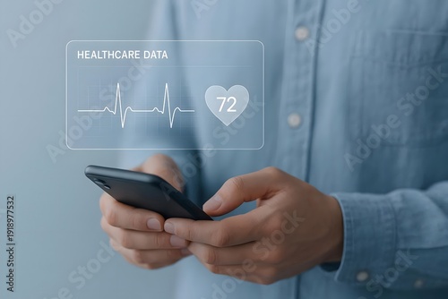 healthcare data monitoring concept, person using phone, floating transparent UI