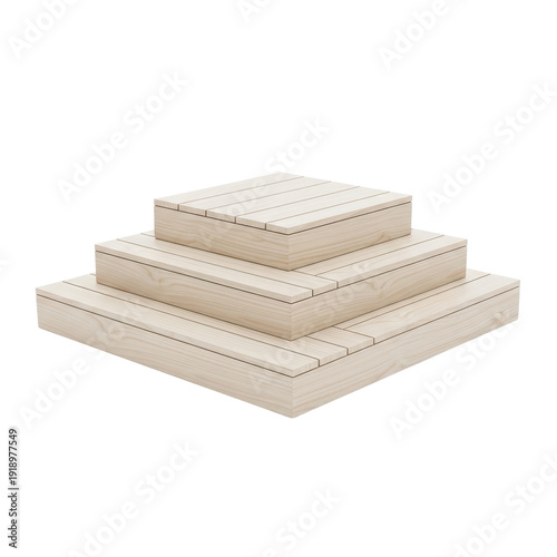 Stack of three light wood platforms progressively smaller isolated on transparent background