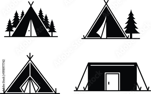 Set of Tent Illustrations Featuring Triangular and Rectangular Camping Designs with Pine Tree Backdrops in Black-and-White Artwork
