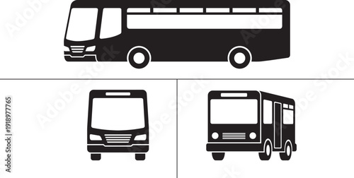 Black bus silhouette vector set, public transport vehicle icons, front and side view isolated illustration