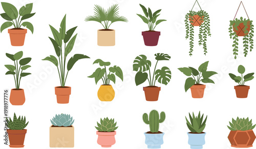 Set of Potted Plant Illustrations Featuring Diverse Houseplants, Succulents, Hanging Pots, and Decorative Containers in Black-and-White Artwork