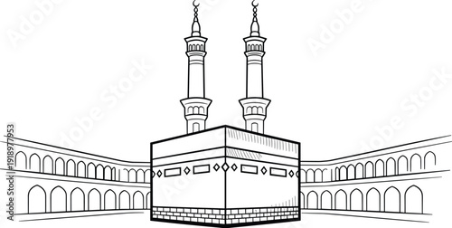 Kaaba in Mecca Line Art Illustration with Mosque Courtyard and Minarets, Islamic Holy Site Architecture Outline Design