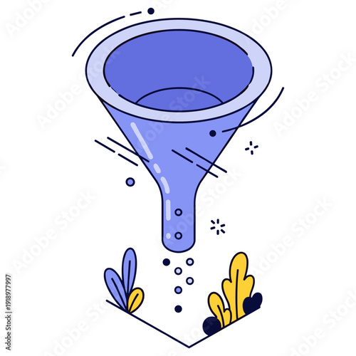 Blue funnel visual with abstract leaves and dots in modern illustration