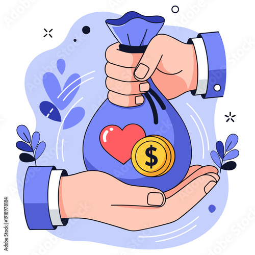 Cartoon hands holding money bag with heart and currency symbol for charity concept