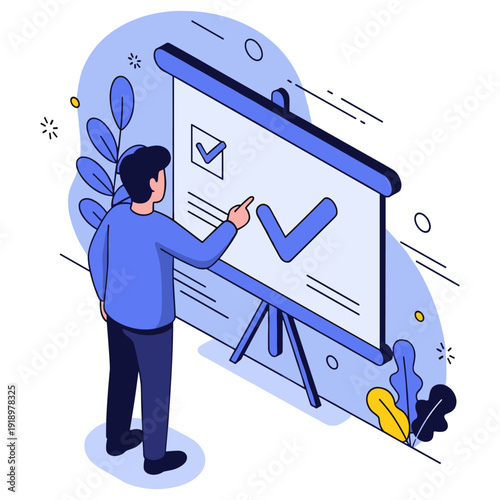 Young male presenting checklist on projector screen with check marks