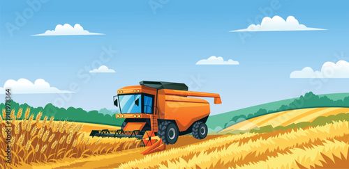 Orange combine harvester works across a vast golden field, cutting ripe golden wheat under a bright blue sky with clouds. Autumn harvest season. A farming concept. Vector cartoon illustration