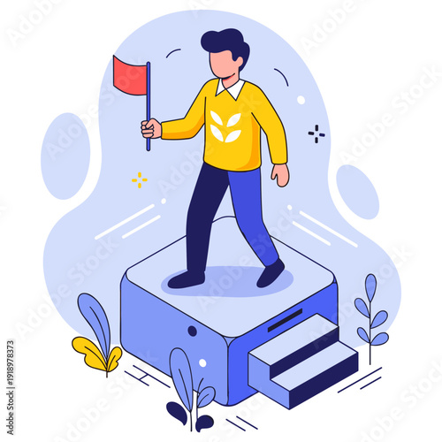 Illustration of male figure holding flag on platform with staircase