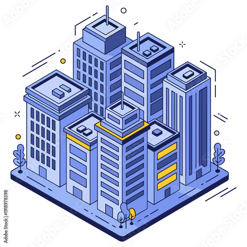 Isometric illustration of urban blue cityscape with high-rise buildings