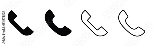 Collection of telephone receiver icons, black solid and outline versions, communication symbol set