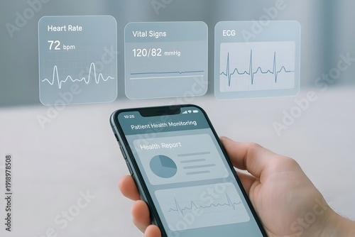patient health monitoring system, floating UI with medical charts above smartphone