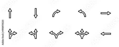 Collection of ten directional arrow icons, including straight, curved, and branching paths