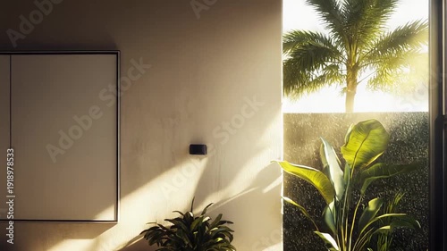 Contemporary living room creating a serene atmosphere with abundant natural light streaming through large windows, highlighting minimalist design and lush potted green plants