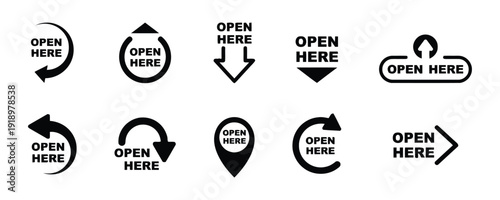Collection of ten 'open here' arrow icons for packaging and instructions, various designs
