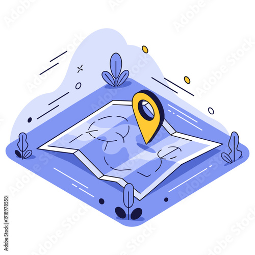 Illustrated map with location pin and abstract elements in blue
