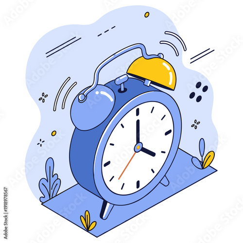 Cartoon blue alarm clock with yellow bells and abstract background