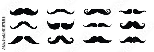 Collection of twelve diverse black mustache icons on white background