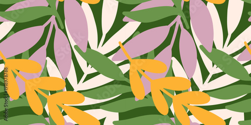 Fresh seamless pattern with spring leave. Flat illustration. Perfect for eco branding, fabric, wallpapers, packaging, web backgrounds, stationery, and lifestyle products