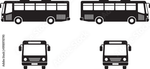 City bus silhouette set, public transport vehicle side and front view isolated vector illustration
