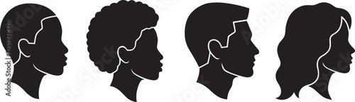 Diverse men and woman head profile silhouettes, side view human portraits isolated vector illustration set