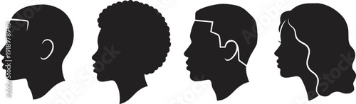 Diverse human head profile silhouettes, men and woman side view portraits isolated vector illustration set